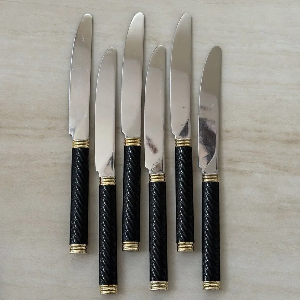 25pc MIKASA Braid-Onyx Laslo Flatware Set Black HDL Metallics Gold Acc., Stnls